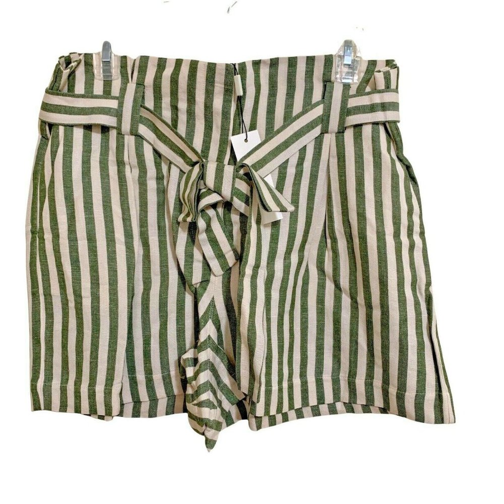 L'Agence Alex Paperbag Shorts Size 10 Olive Green Ivory Stripe Linen Blend